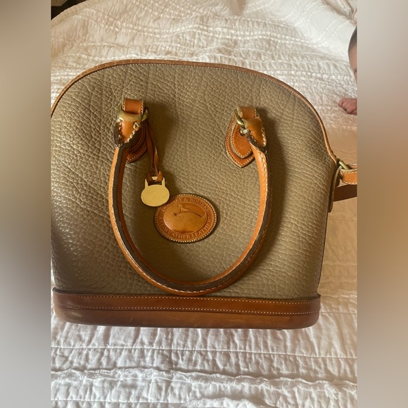 Dooney & Bourke Handbags - Dooney & Bourke Taupe Pebbled Leather Dome Satchel with Tan Trim